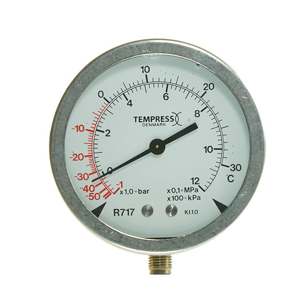 Tempress manometer 100mm, NH3, A10, ned -1/25bar/ NH3,  M12 x 1,5 nippel ned