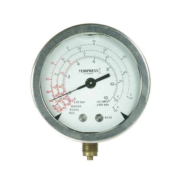 Tempress manometer 100mm, TRIP, A10, ned -1/25bar,  R22/R134A, R404A, Uttak ned